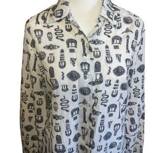 Southern Lady Womens White Gray Button Up Blouse Western Size 9/10 Ranch Tribal